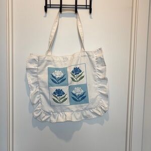 Floral Canvas Tote Bag with Ruffle Trim